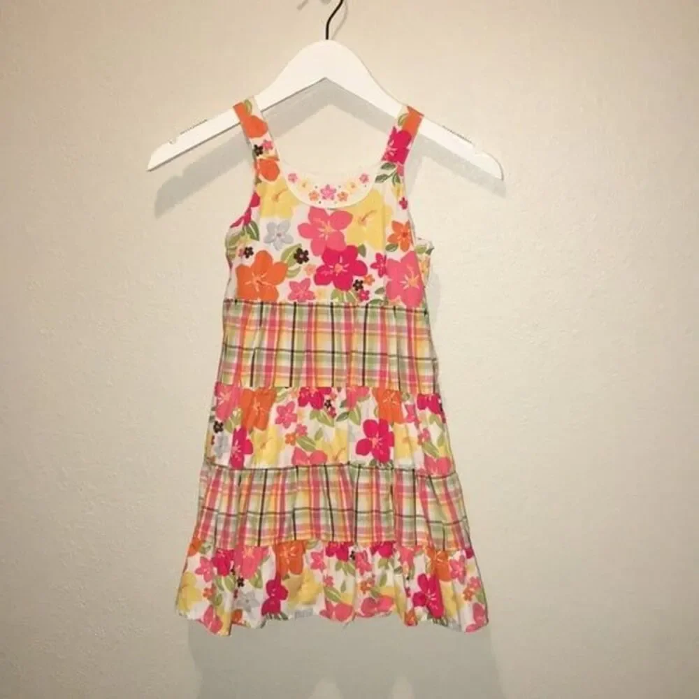 Gymboree Dress plaid floral size‎ 6 multi color embroidered jewels spring Easter